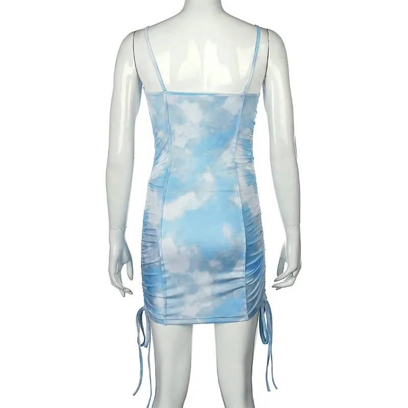 Spaghetti Strap Tie Dye Ruched Summer Drawstring Patchwork Bodycon Club Party Dress