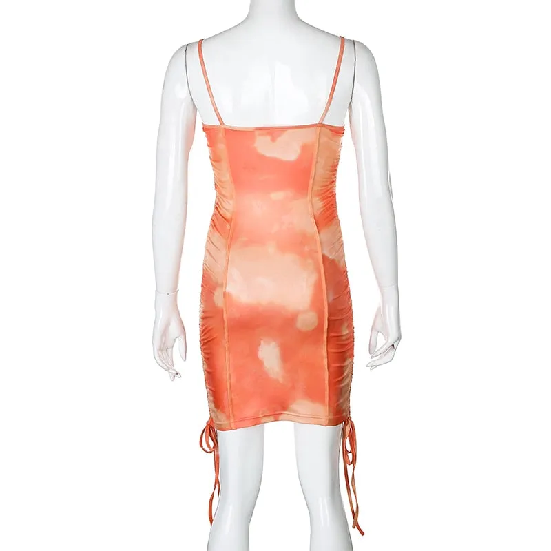 Spaghetti Strap Tie Dye Ruched Summer Drawstring Patchwork Bodycon Club Party Dress