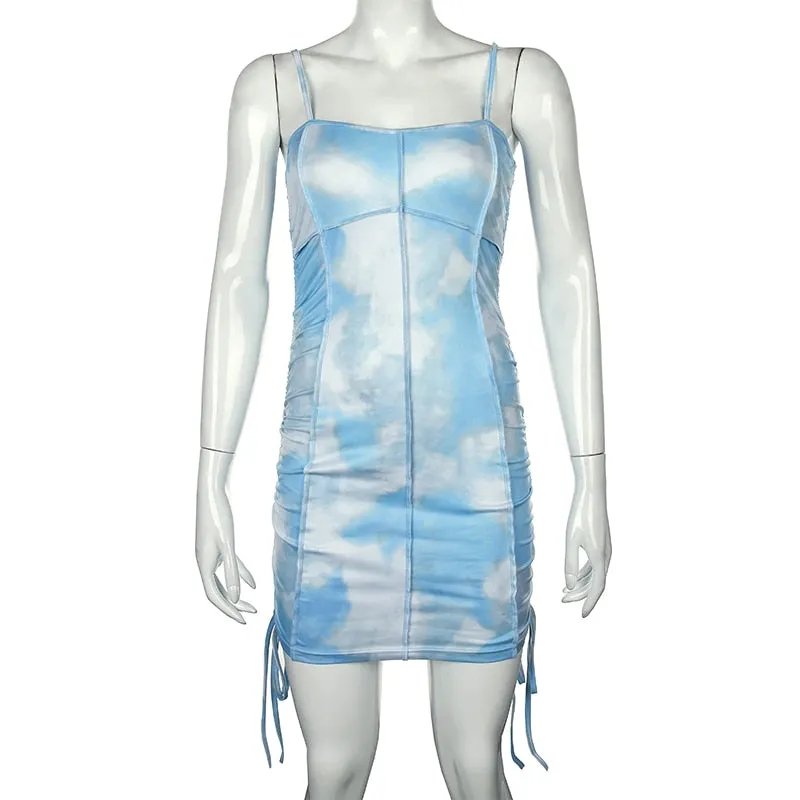 Spaghetti Strap Tie Dye Ruched Summer Drawstring Patchwork Bodycon Club Party Dress