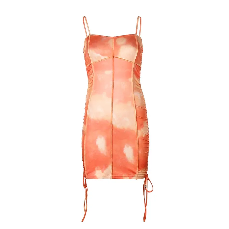 Spaghetti Strap Tie Dye Ruched Summer Drawstring Patchwork Bodycon Club Party Dress