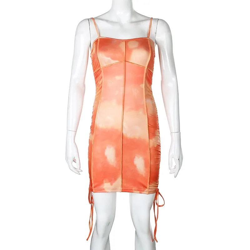 Spaghetti Strap Tie Dye Ruched Summer Drawstring Patchwork Bodycon Club Party Dress