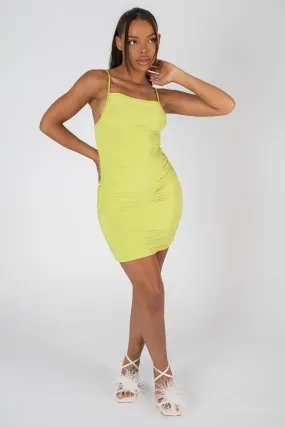 Square Neck Ruched Mini Dress Lime