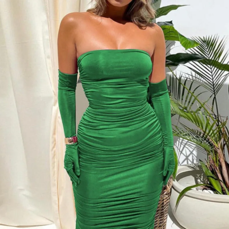 Strapless Bodycon Midi Dress With Gloves