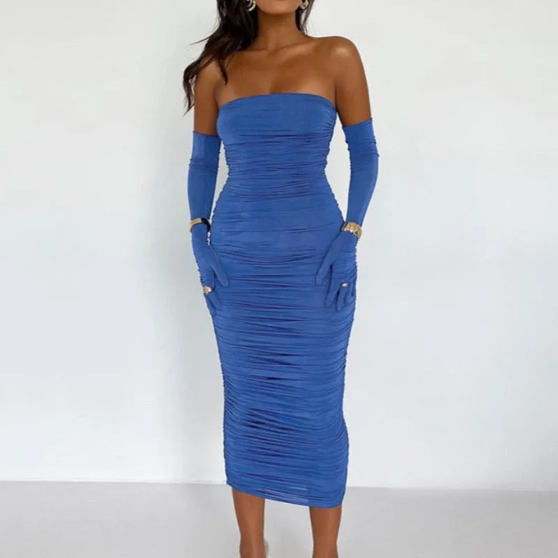 Strapless Bodycon Midi Dress With Gloves