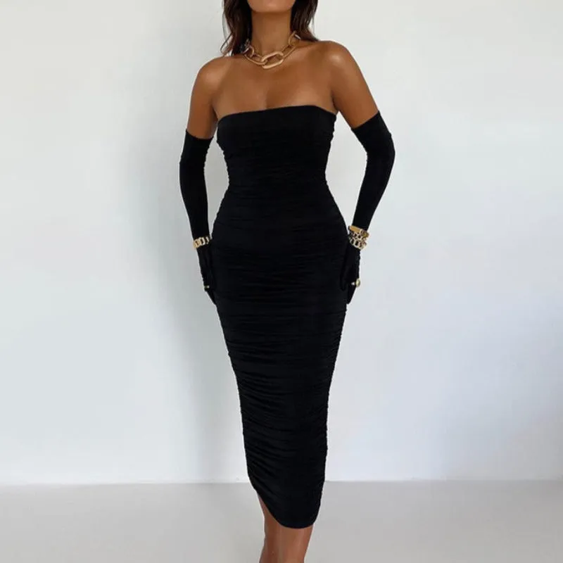 Strapless Bodycon Midi Dress With Gloves