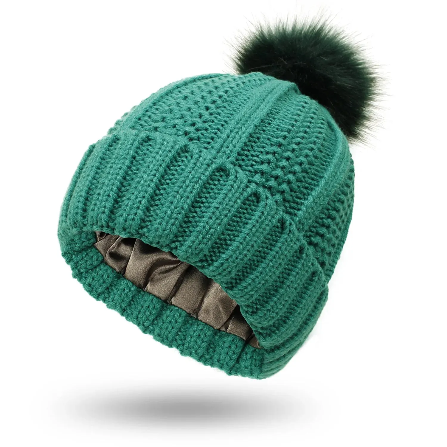 Stretchy Satin Lined Skull Knit  Faux Fur Pom Pom Beanie Hat