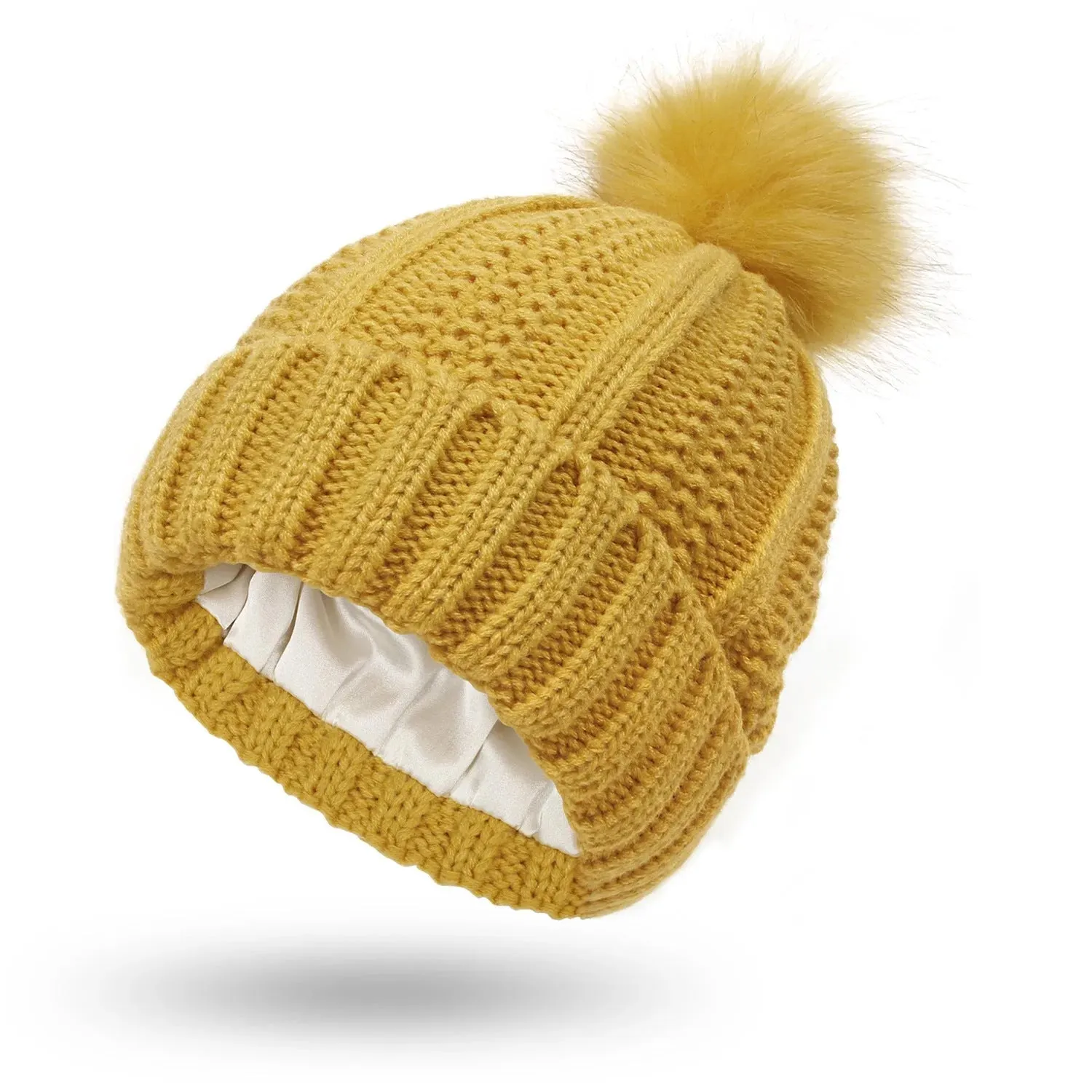 Stretchy Satin Lined Skull Knit  Faux Fur Pom Pom Beanie Hat