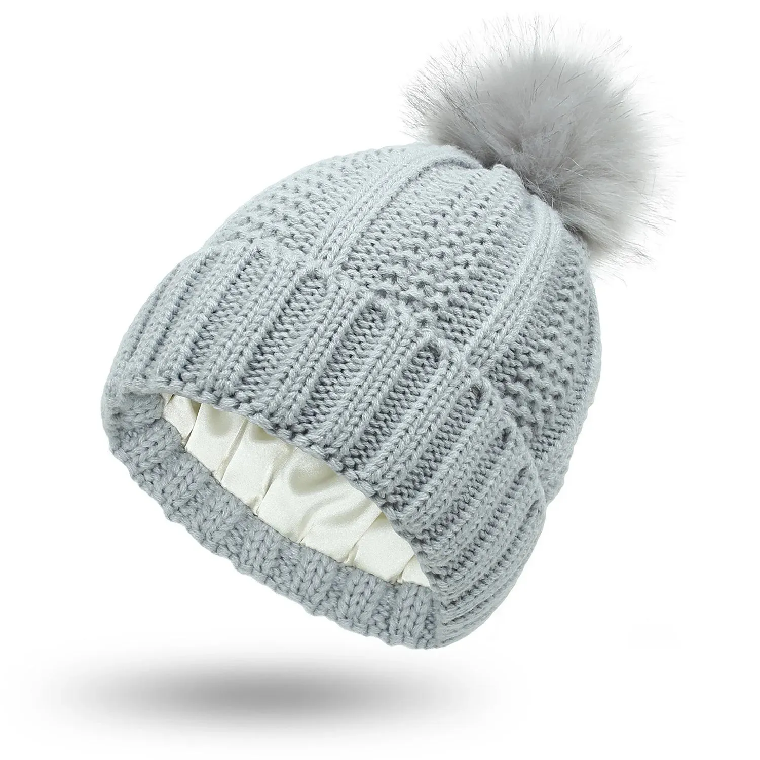 Stretchy Satin Lined Skull Knit  Faux Fur Pom Pom Beanie Hat