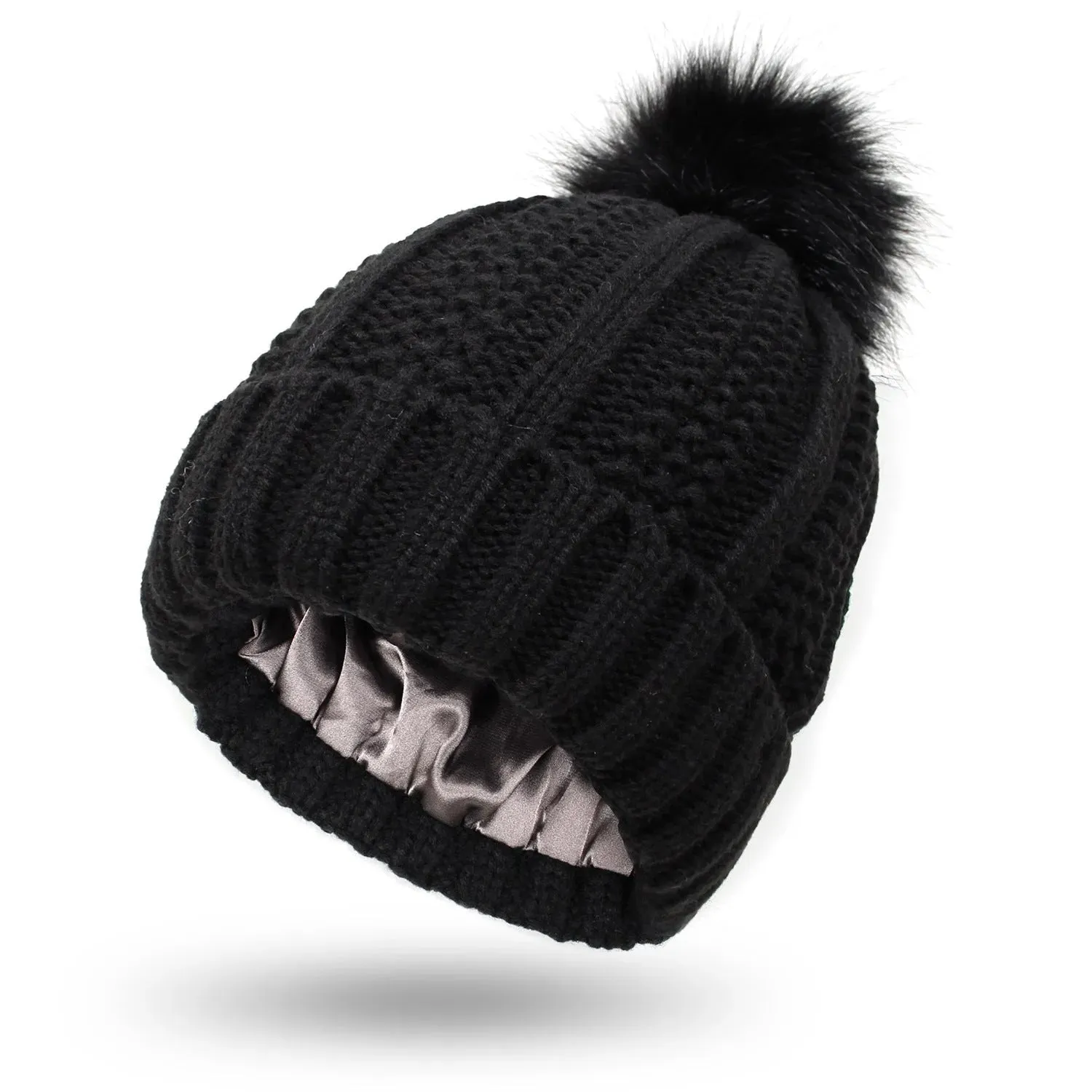 Stretchy Satin Lined Skull Knit  Faux Fur Pom Pom Beanie Hat