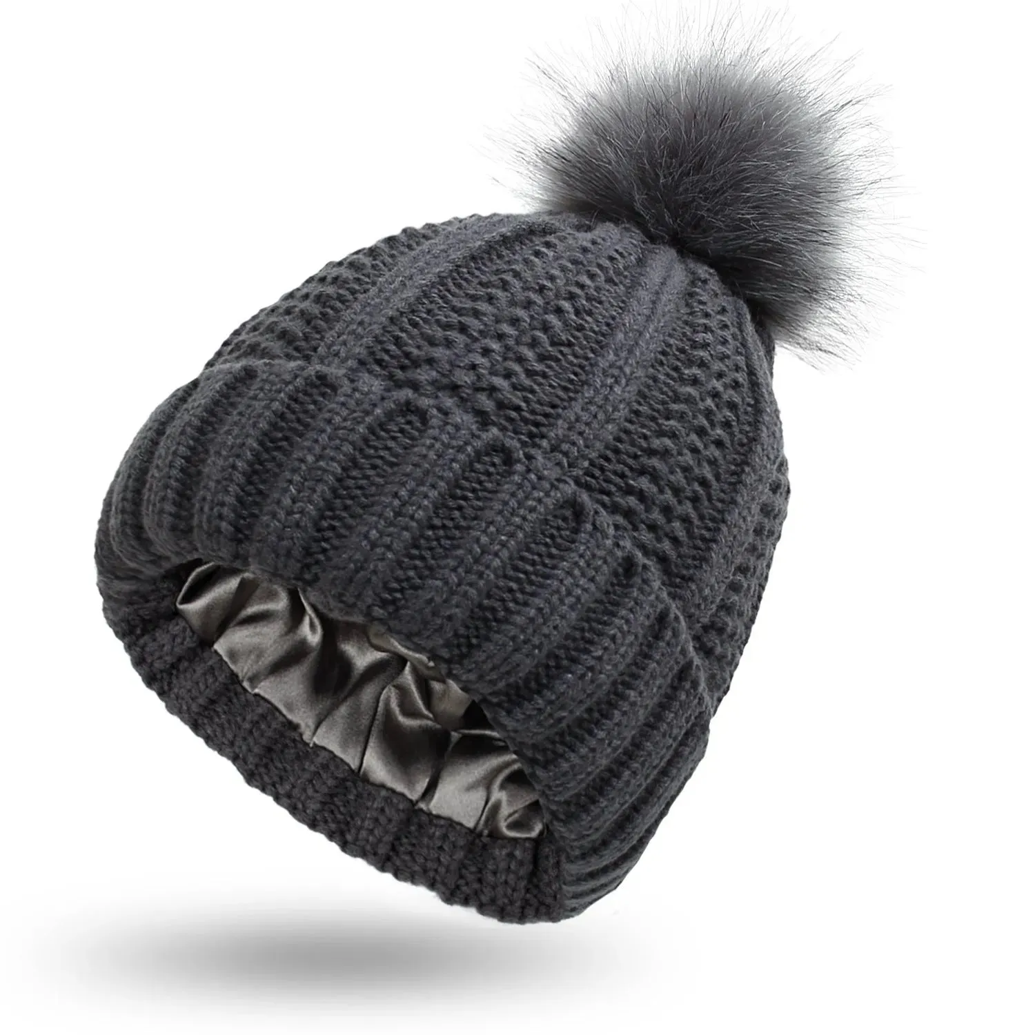 Stretchy Satin Lined Skull Knit  Faux Fur Pom Pom Beanie Hat