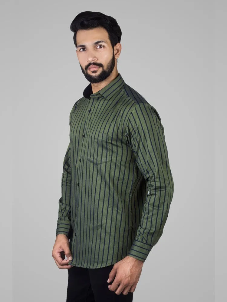 Striped Shirt Men - Green Twill Stripes Classic Fit Cotton Shirt