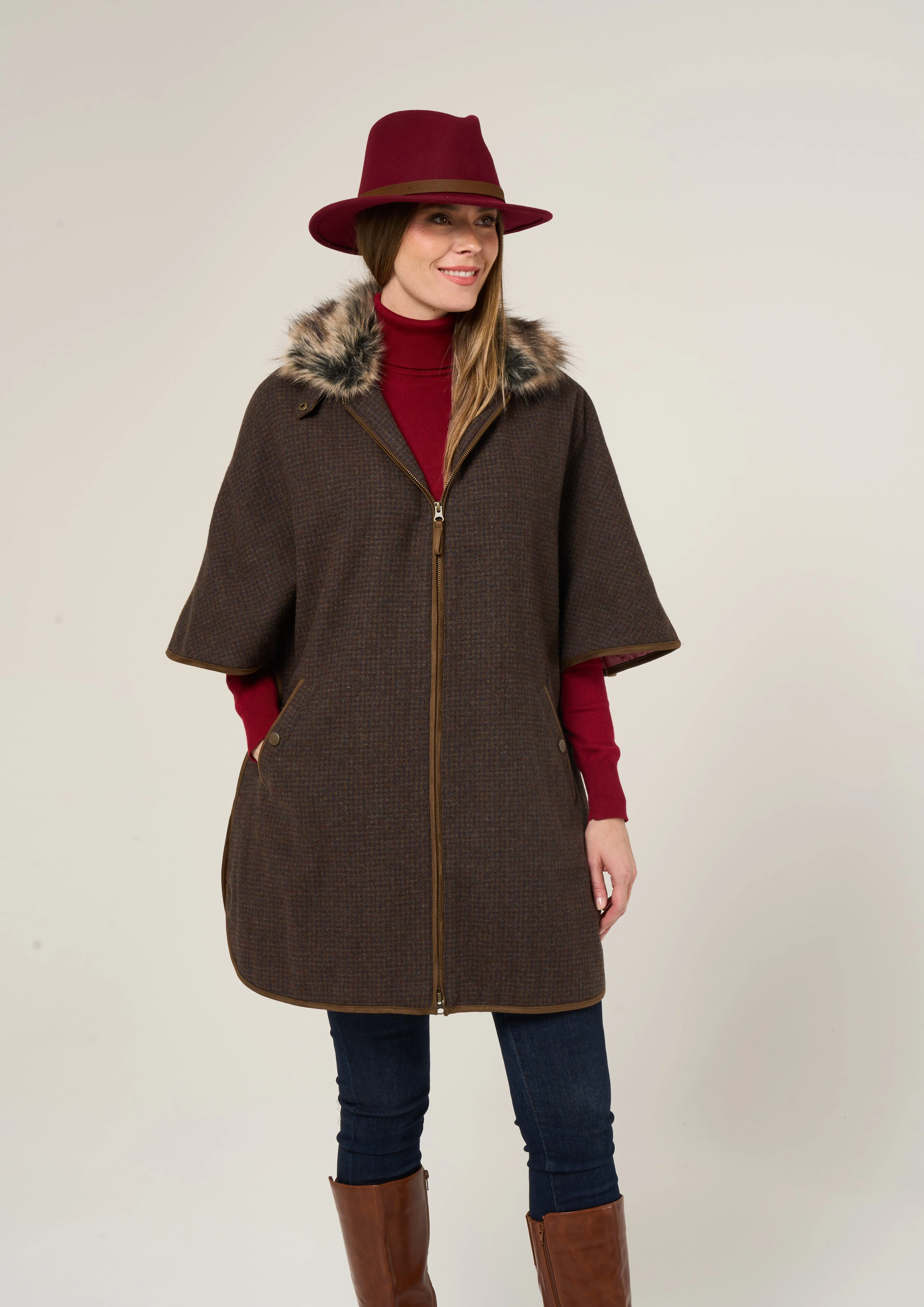 Surrey Ladies Tweed Cape In Bramble