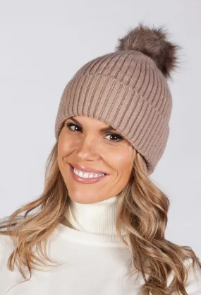 Taupe Knit Hat with Pompom