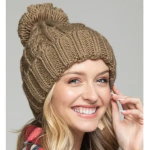 Taupe Solid Cable Knit Basic Pompom Beanie Women's Winter Hat