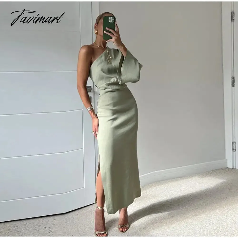 Tavimart  -  Autumn Sexy One Shoulder Long Sleeve Linen Blending Dresses Elegant Backless Slit Bodycon Dress Pleated Robe