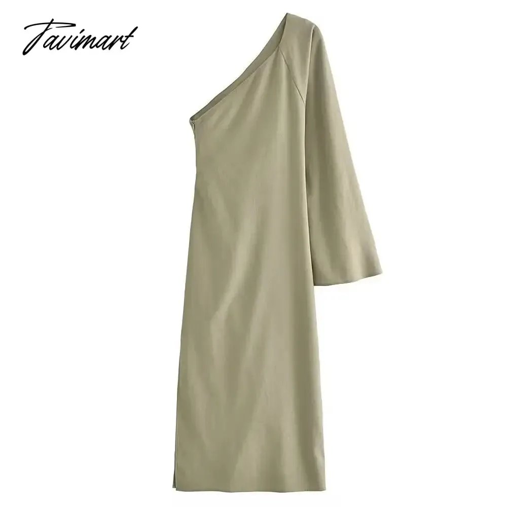 Tavimart  -  Autumn Sexy One Shoulder Long Sleeve Linen Blending Dresses Elegant Backless Slit Bodycon Dress Pleated Robe