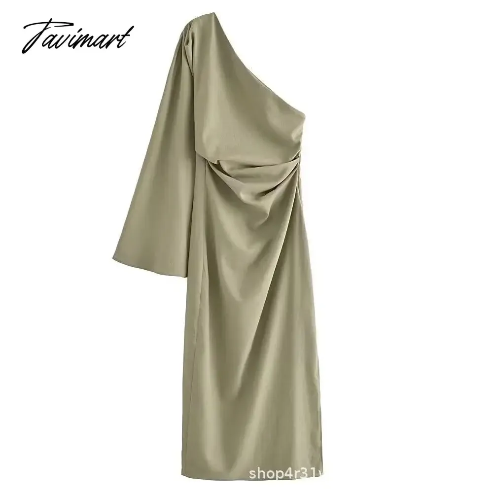 Tavimart  -  Autumn Sexy One Shoulder Long Sleeve Linen Blending Dresses Elegant Backless Slit Bodycon Dress Pleated Robe