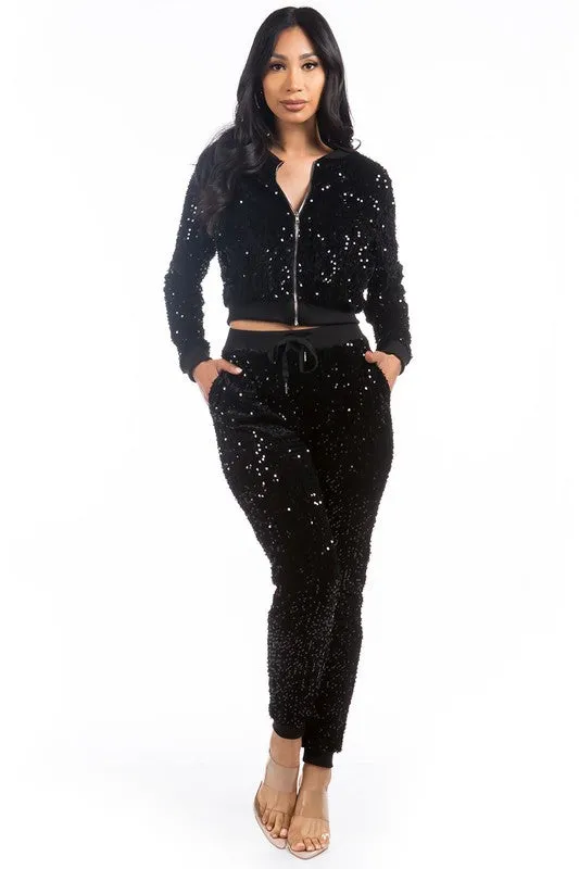 TEEK - BLACK SEQUIN TWO PIECE PANT SET