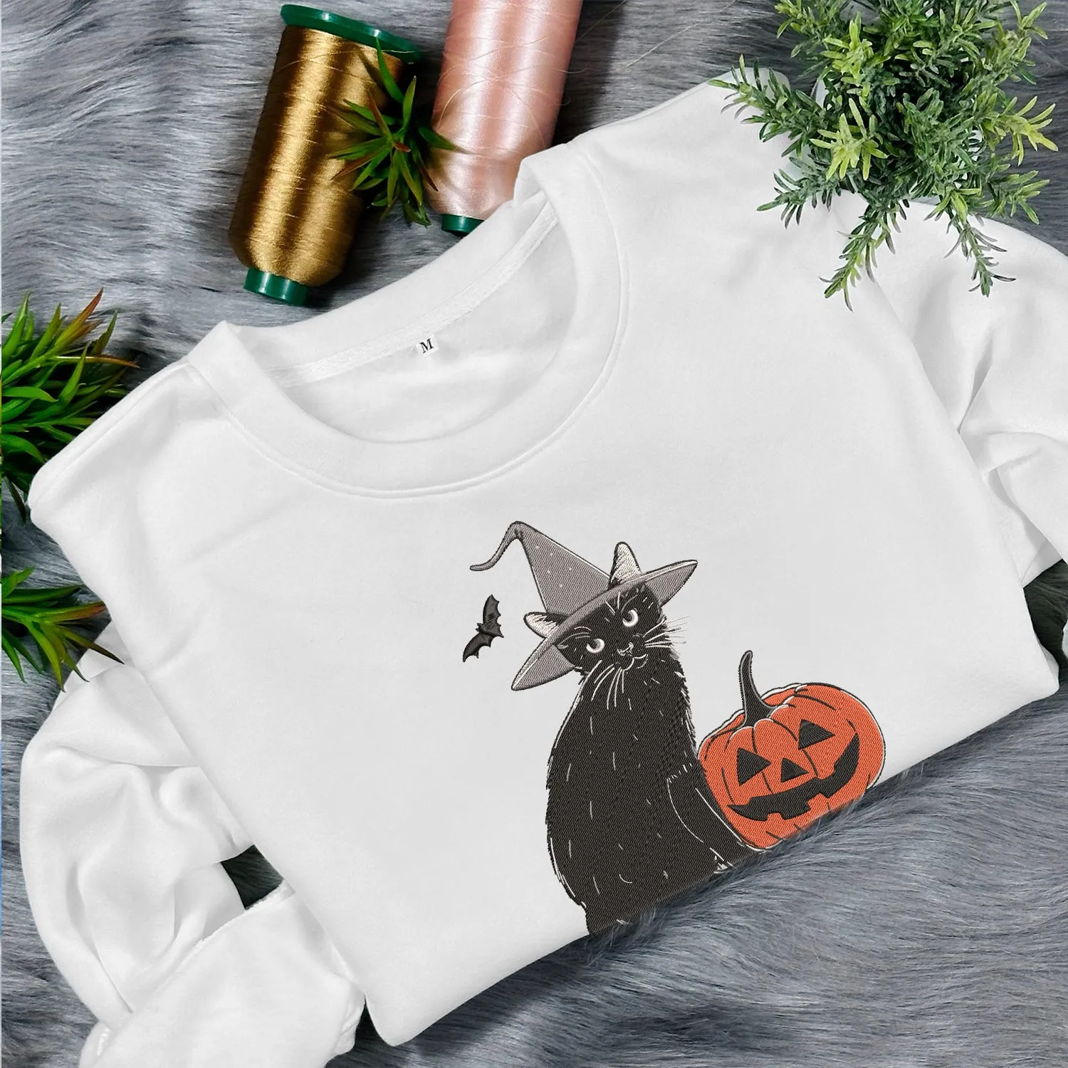 Teesdily | Halloween Cat Pumpkin Embroidered Sweatshirt, Black Cat Witch Embroidery Shirt, Pumpkin Cat Embroidered T-Shirt, Cat Lover Gifts