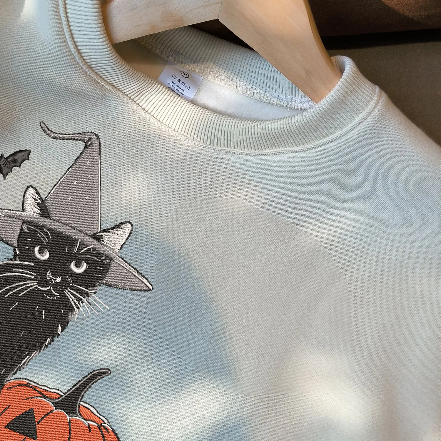 Teesdily | Halloween Cat Pumpkin Embroidered Sweatshirt, Black Cat Witch Embroidery Shirt, Pumpkin Cat Embroidered T-Shirt, Cat Lover Gifts