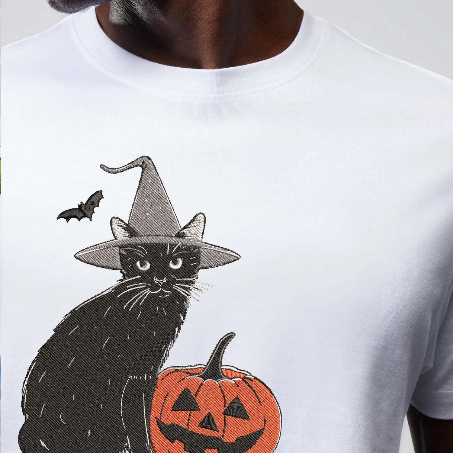 Teesdily | Halloween Cat Pumpkin Embroidered Sweatshirt, Black Cat Witch Embroidery Shirt, Pumpkin Cat Embroidered T-Shirt, Cat Lover Gifts