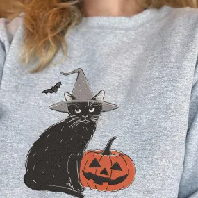 Teesdily | Halloween Cat Pumpkin Embroidered Sweatshirt, Black Cat Witch Embroidery Shirt, Pumpkin Cat Embroidered T-Shirt, Cat Lover Gifts