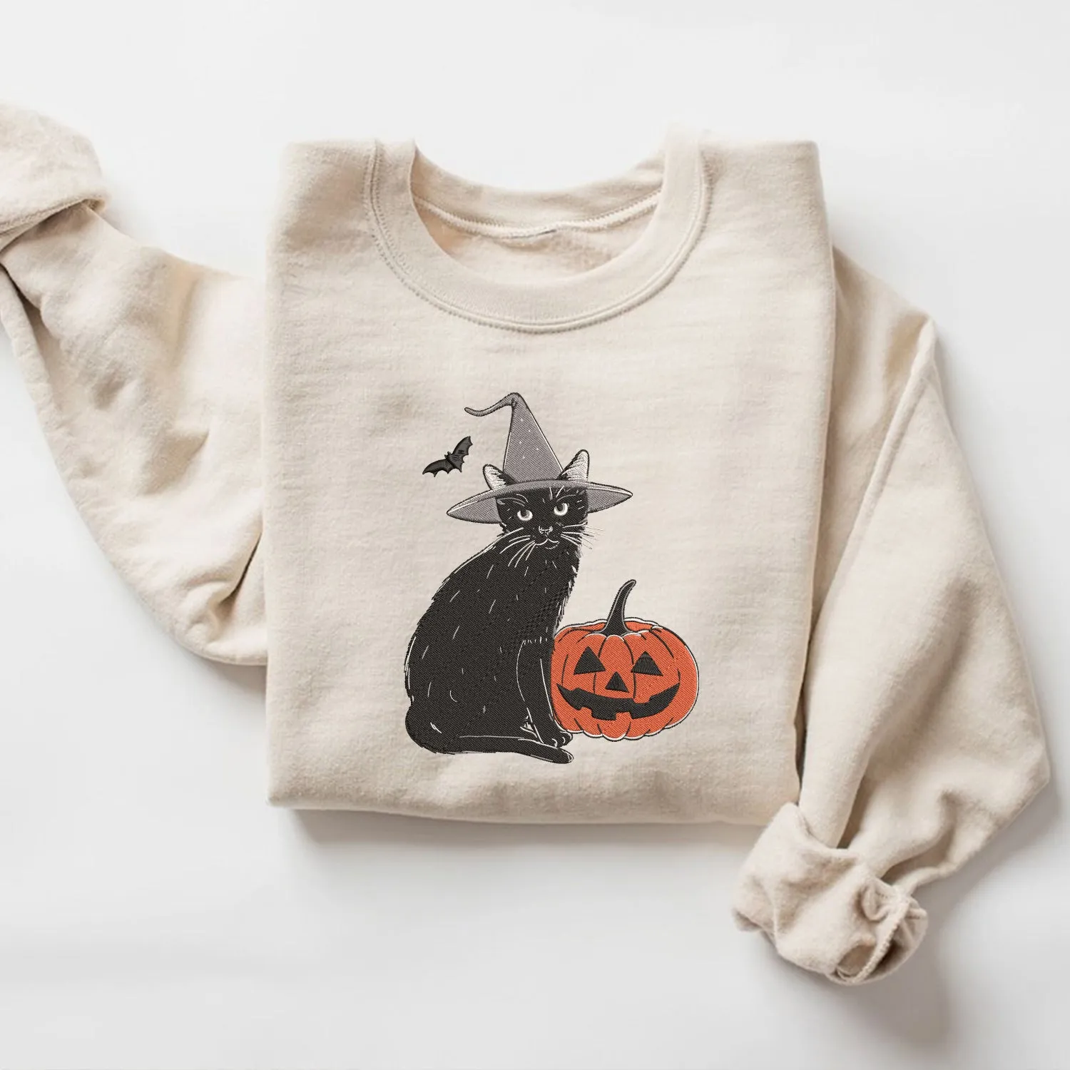 Teesdily | Halloween Cat Pumpkin Embroidered Sweatshirt, Black Cat Witch Embroidery Shirt, Pumpkin Cat Embroidered T-Shirt, Cat Lover Gifts