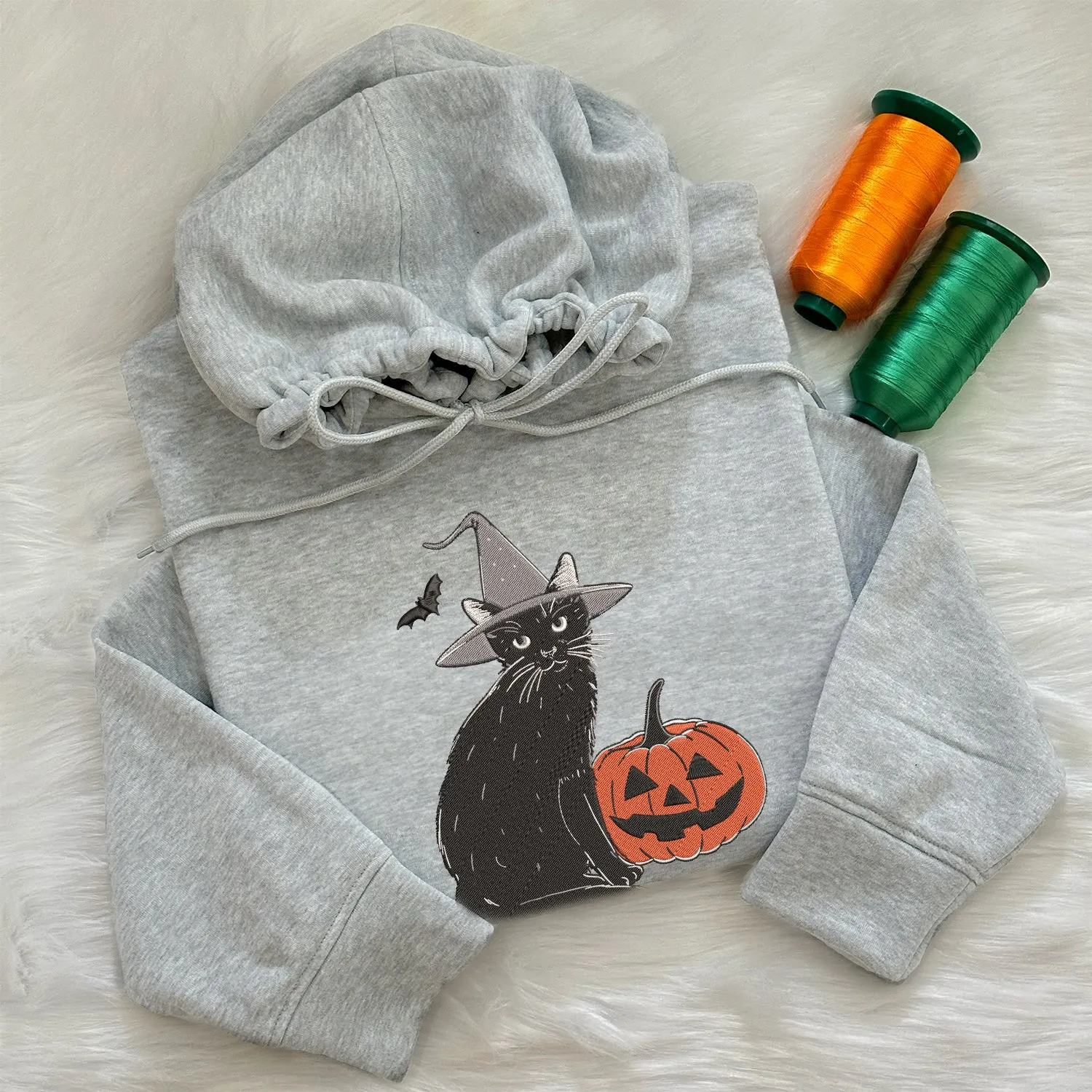 Teesdily | Halloween Cat Pumpkin Embroidered Sweatshirt, Black Cat Witch Embroidery Shirt, Pumpkin Cat Embroidered T-Shirt, Cat Lover Gifts