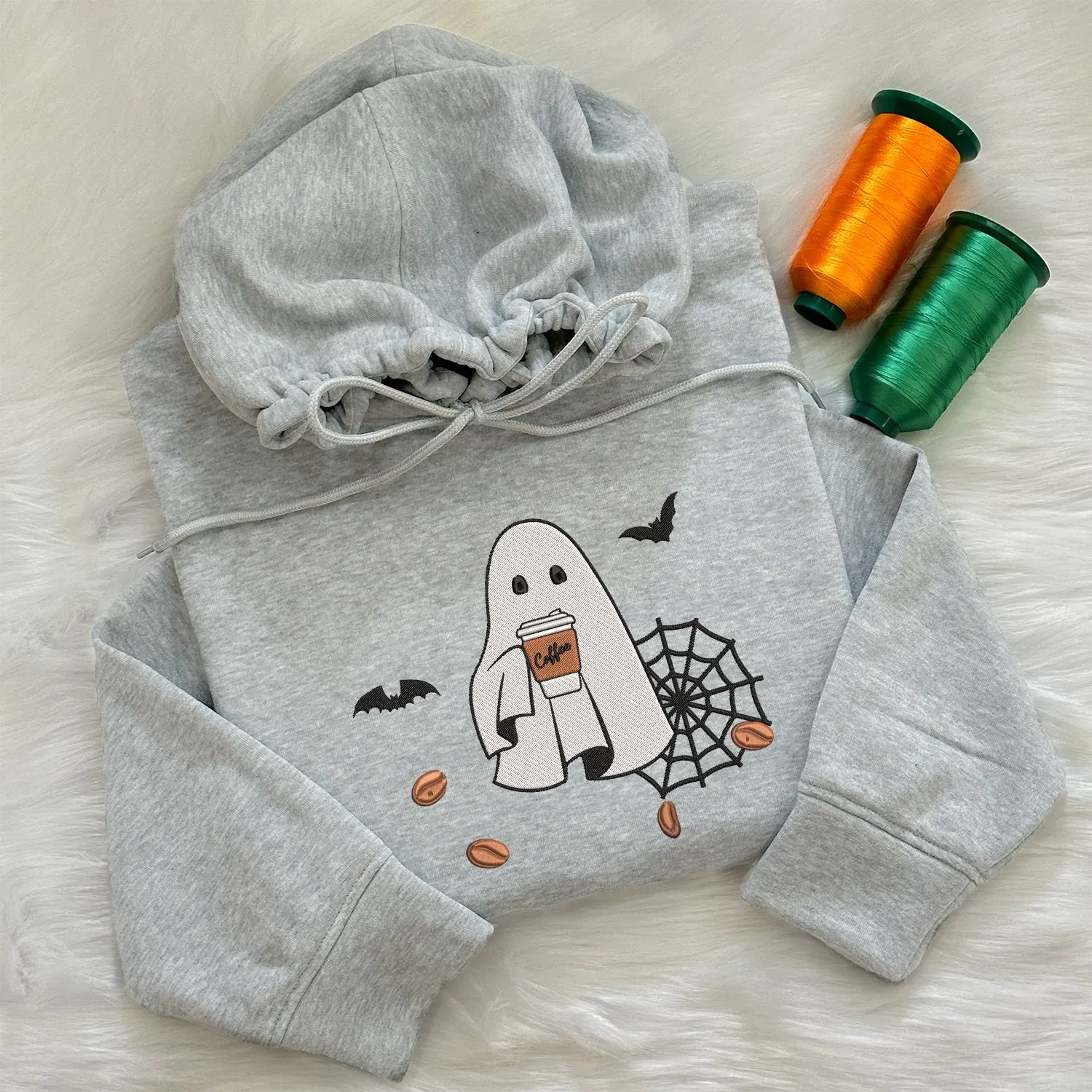 Teesdily | Halloween Cute Ghost Drinking Coffee Embroidery Shirt, Halloween Ghost Coffee Embroidered Sweatshirt, Ghost Boo Shirt, Coffee Lover Gift