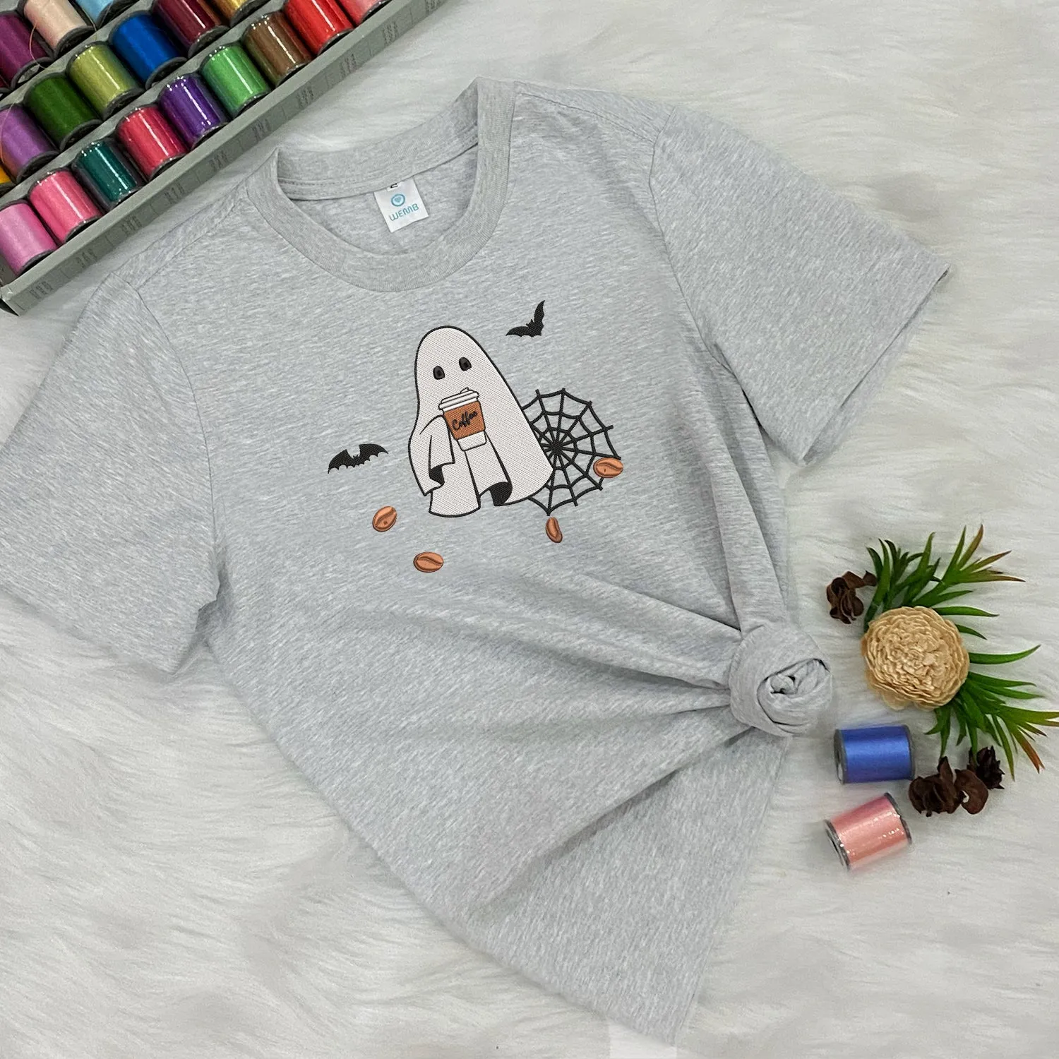 Teesdily | Halloween Cute Ghost Drinking Coffee Embroidery Shirt, Halloween Ghost Coffee Embroidered Sweatshirt, Ghost Boo Shirt, Coffee Lover Gift