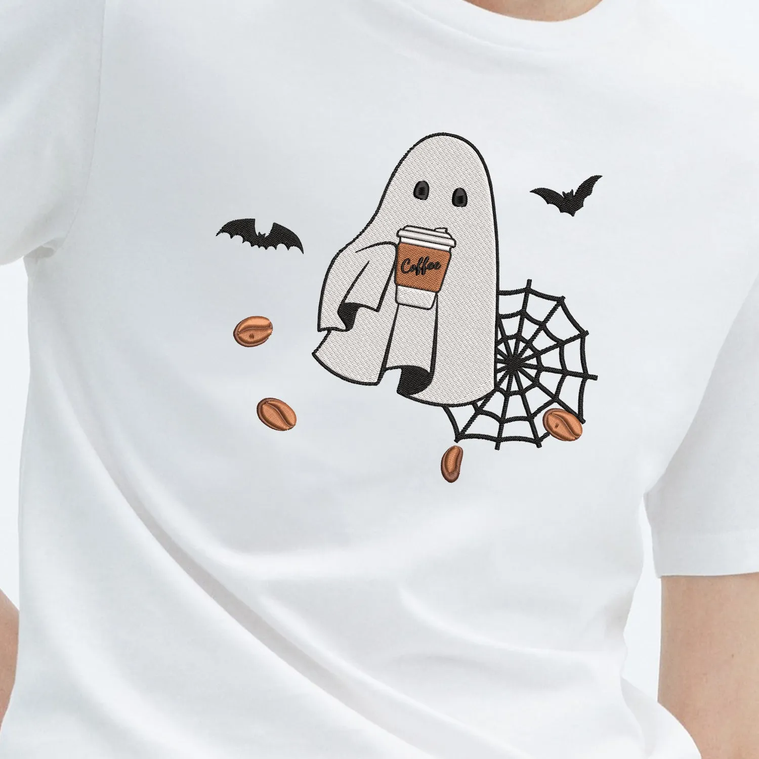 Teesdily | Halloween Cute Ghost Drinking Coffee Embroidery Shirt, Halloween Ghost Coffee Embroidered Sweatshirt, Ghost Boo Shirt, Coffee Lover Gift