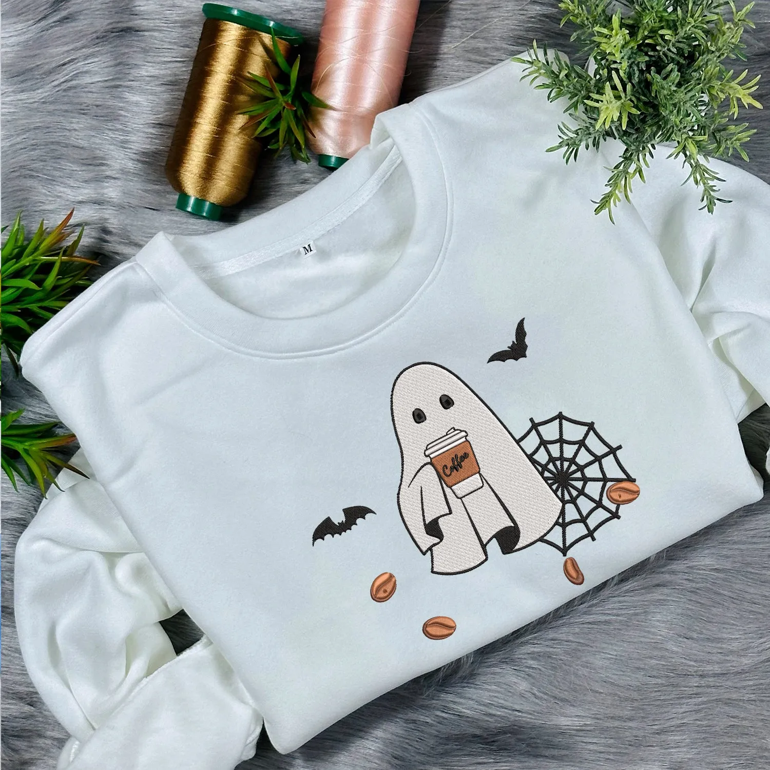 Teesdily | Halloween Cute Ghost Drinking Coffee Embroidery Shirt, Halloween Ghost Coffee Embroidered Sweatshirt, Ghost Boo Shirt, Coffee Lover Gift