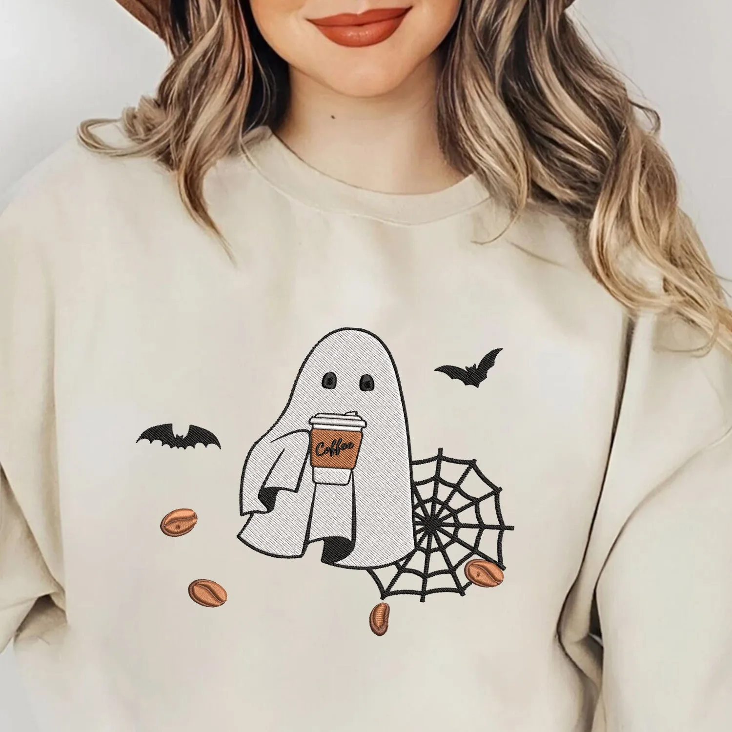 Teesdily | Halloween Cute Ghost Drinking Coffee Embroidery Shirt, Halloween Ghost Coffee Embroidered Sweatshirt, Ghost Boo Shirt, Coffee Lover Gift