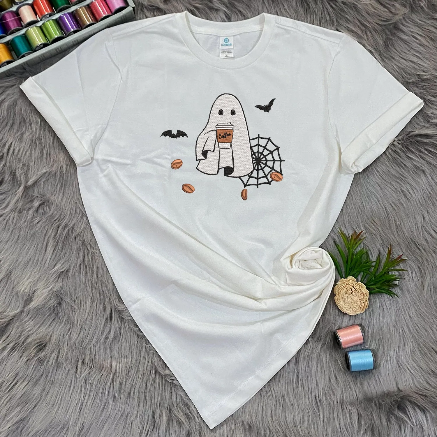 Teesdily | Halloween Cute Ghost Drinking Coffee Embroidery Shirt, Halloween Ghost Coffee Embroidered Sweatshirt, Ghost Boo Shirt, Coffee Lover Gift