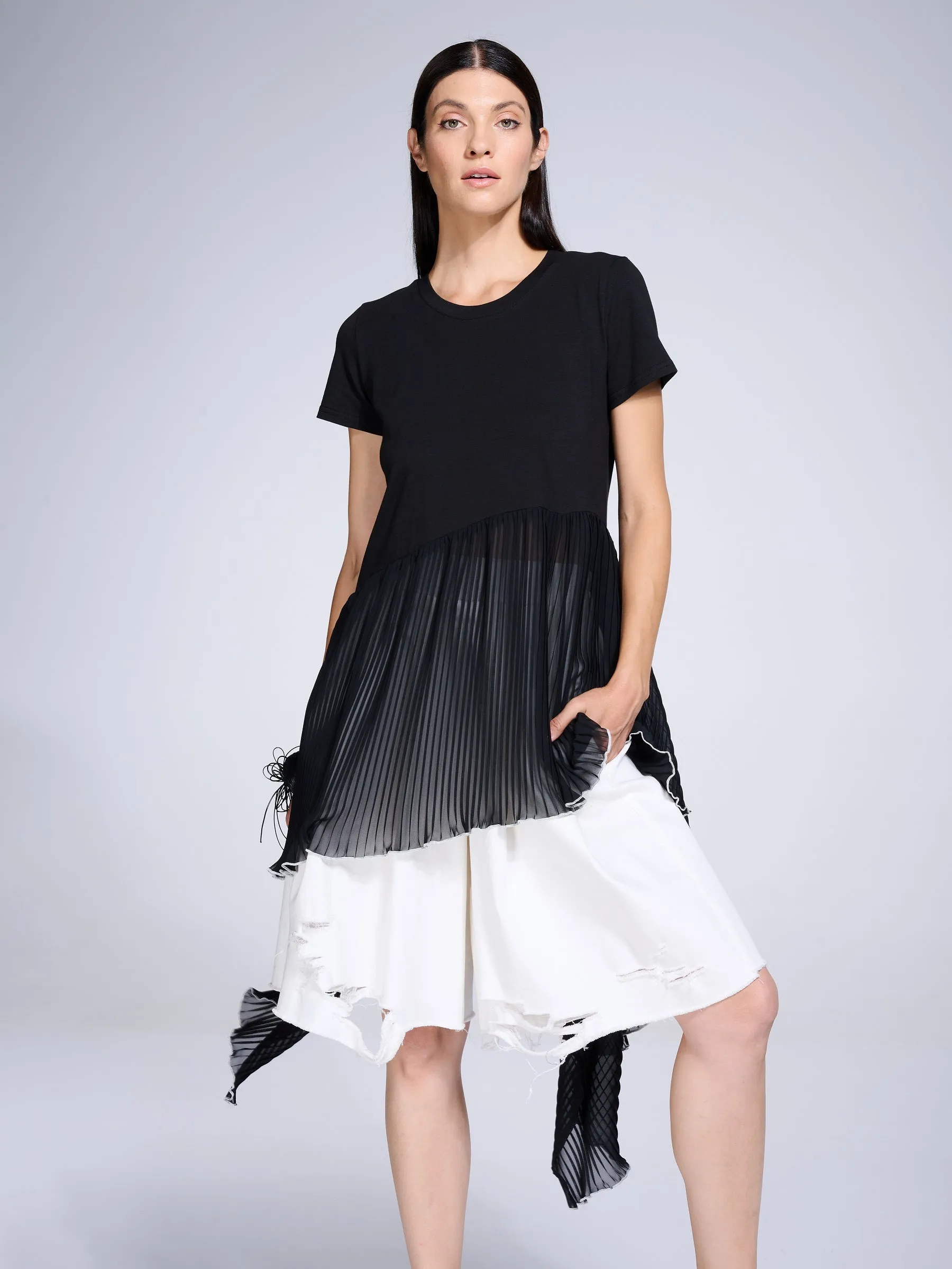 Tunic With Pleated Chiffon Layer In Black