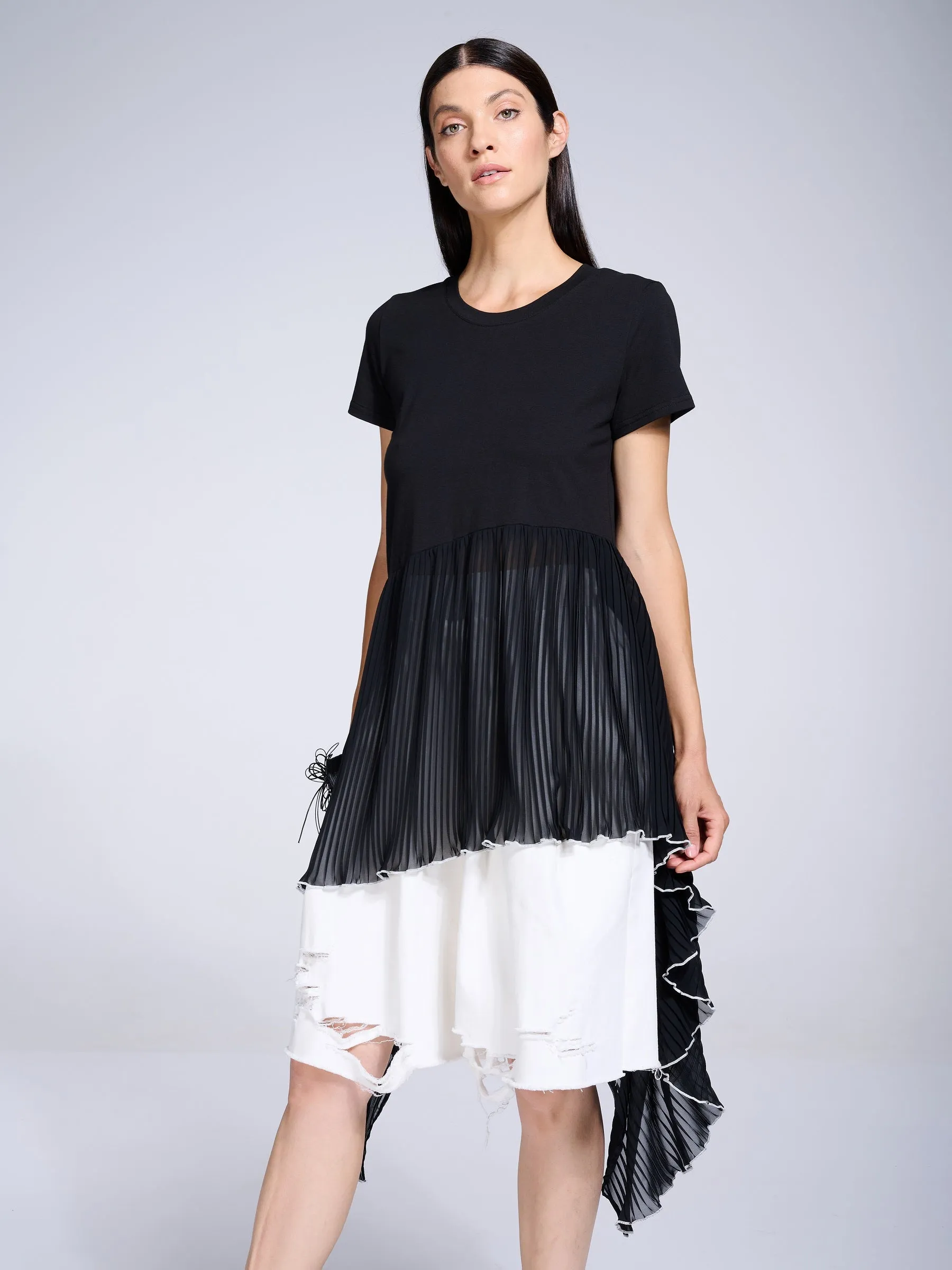 Tunic With Pleated Chiffon Layer In Black