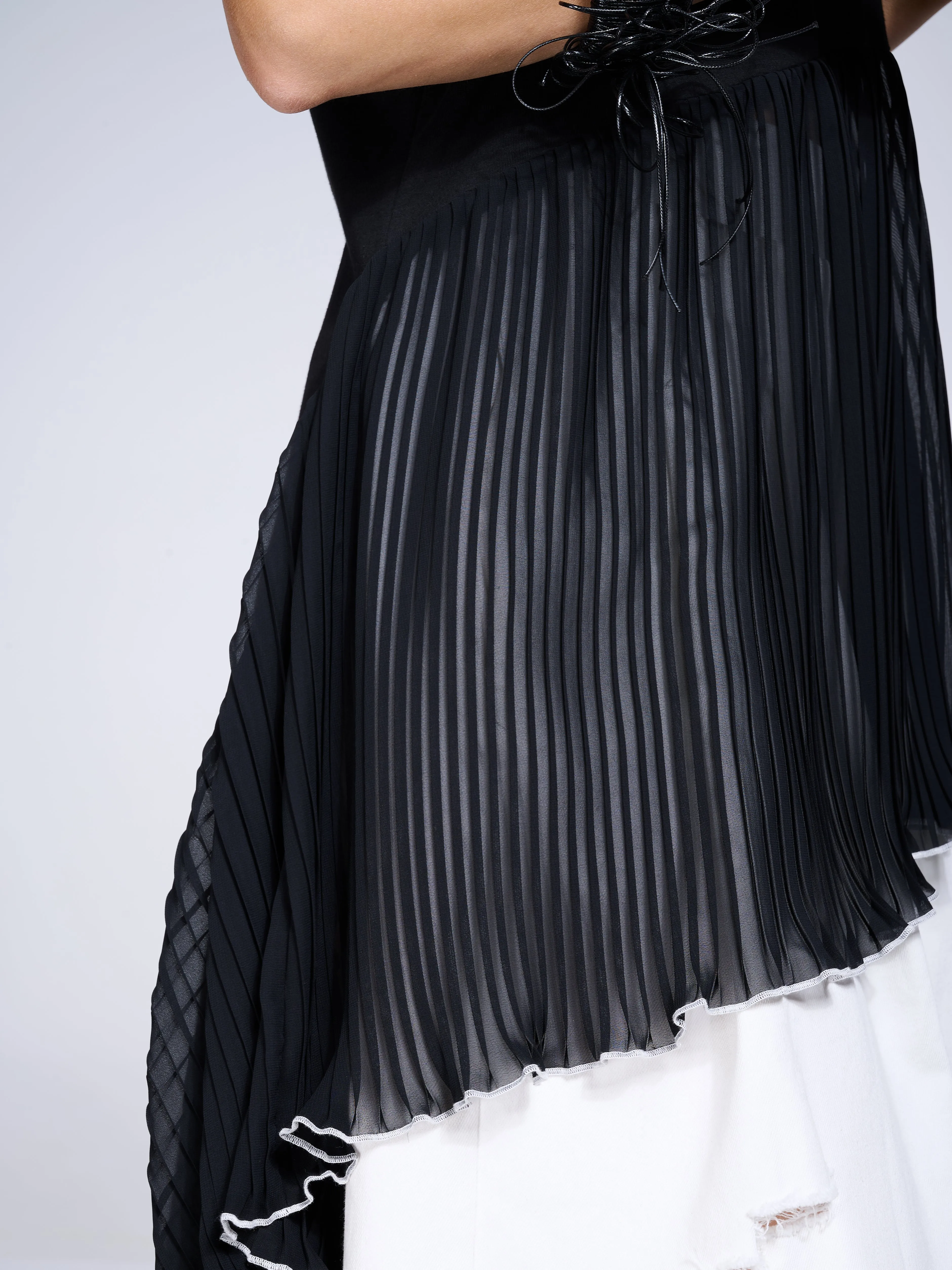 Tunic With Pleated Chiffon Layer In Black