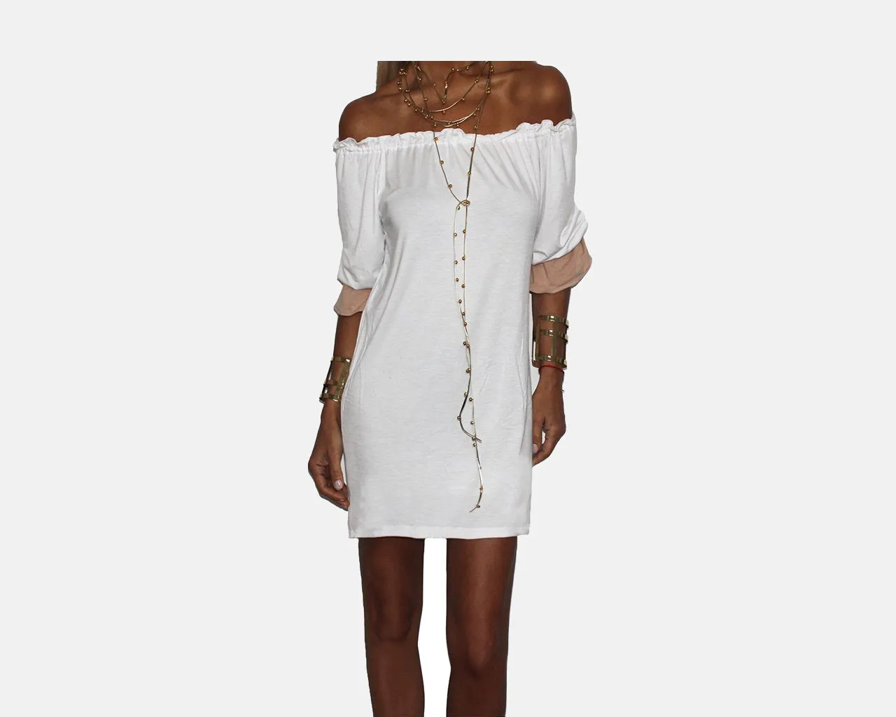 Two Tone White & Taupe Off Shoulder Dress - The Ibiza