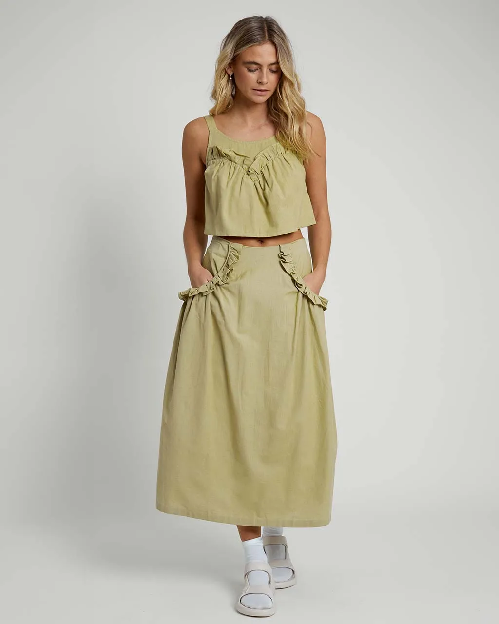 Verdi Linen Blend Midi Ruffle Skirt