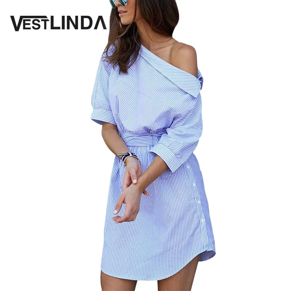 VESTLINDA Shirt Dress Women Summer Vestidos De Festa One Shoulder Half Sleeve Stripper Dress Sashes Mini Short Casual Dress