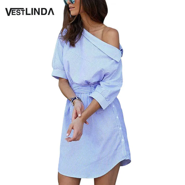 VESTLINDA Shirt Dress Women Summer Vestidos De Festa One Shoulder Half Sleeve Stripper Dress Sashes Mini Short Casual Dress