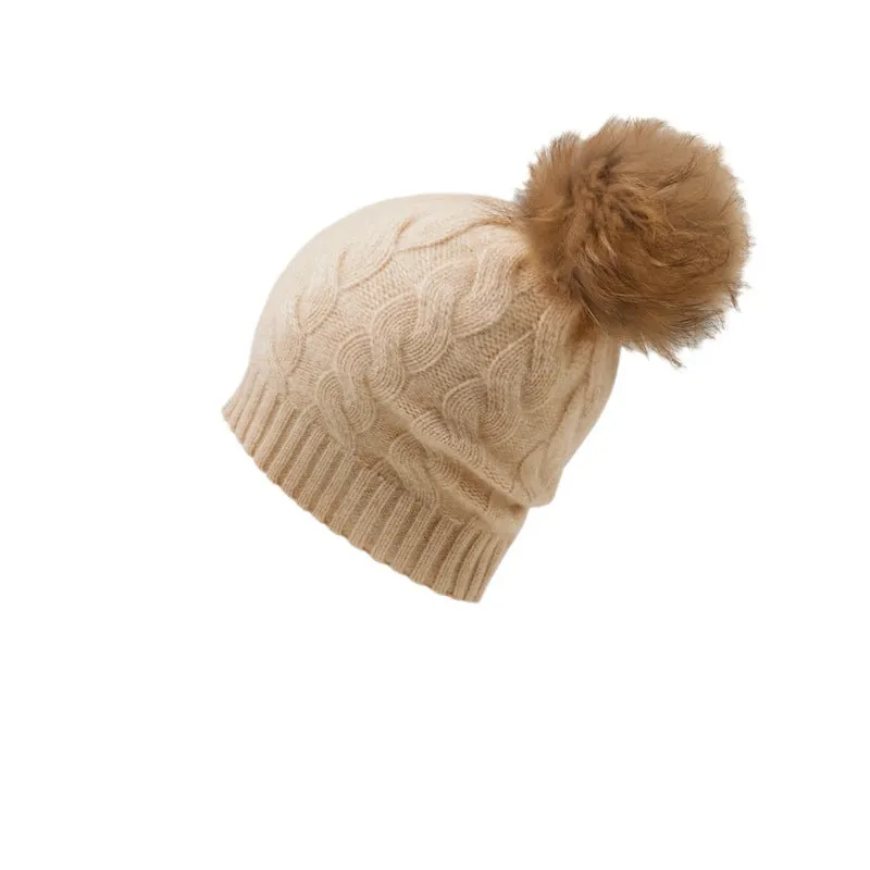 Winter Knitted Beanie Hat with Faux Fur Pom Warm Knit Cap Beanie for Women