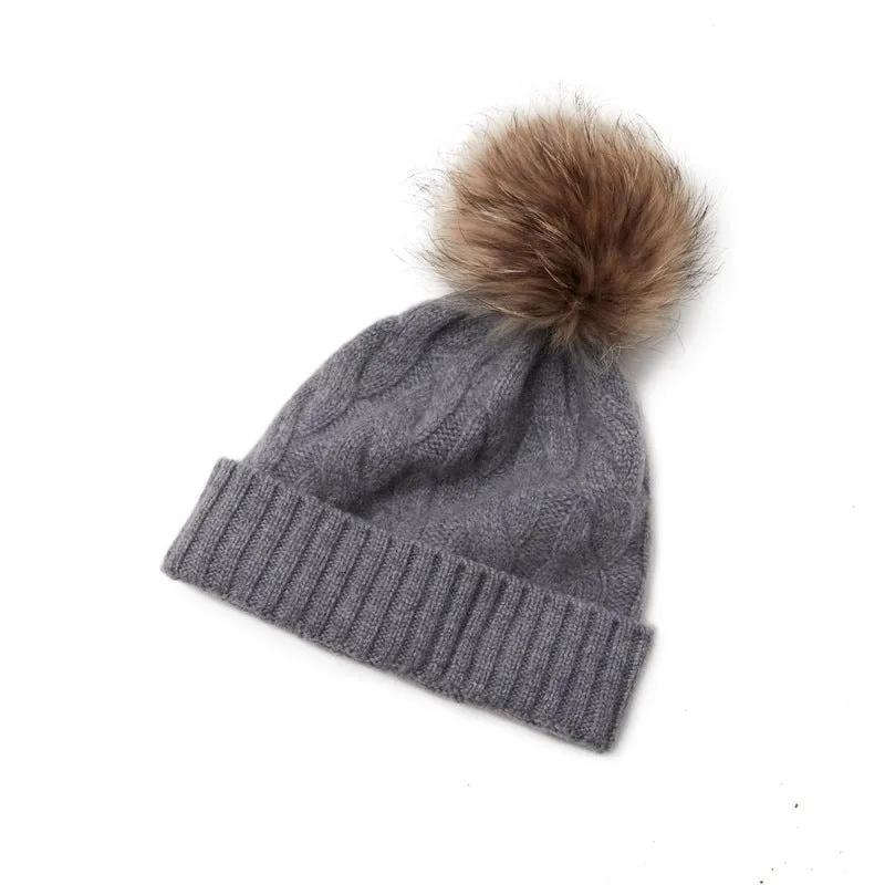 Winter Knitted Beanie Hat with Faux Fur Pom Warm Knit Cap Beanie for Women