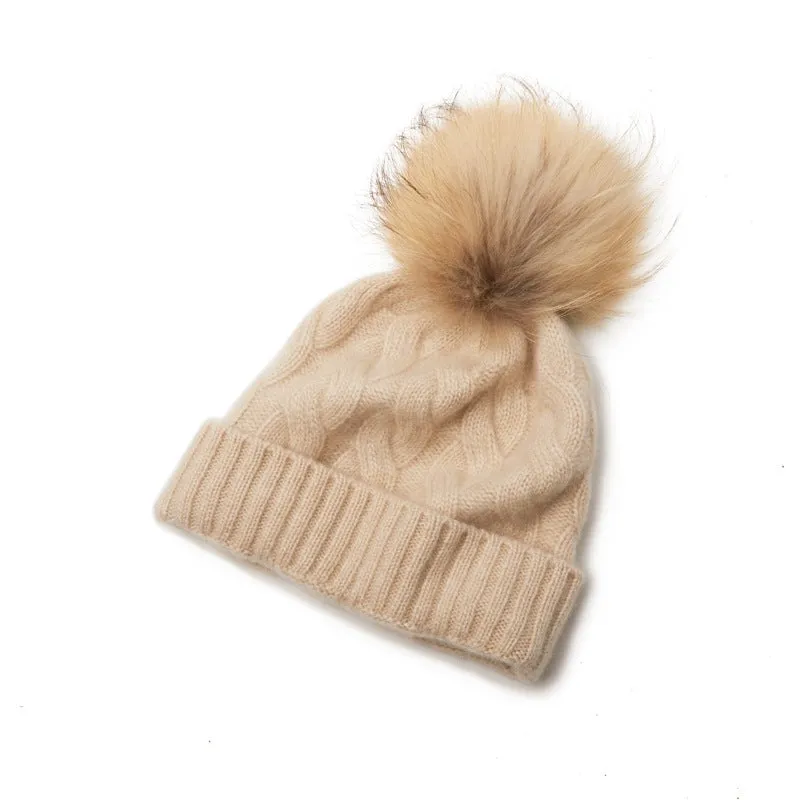 Winter Knitted Beanie Hat with Faux Fur Pom Warm Knit Cap Beanie for Women