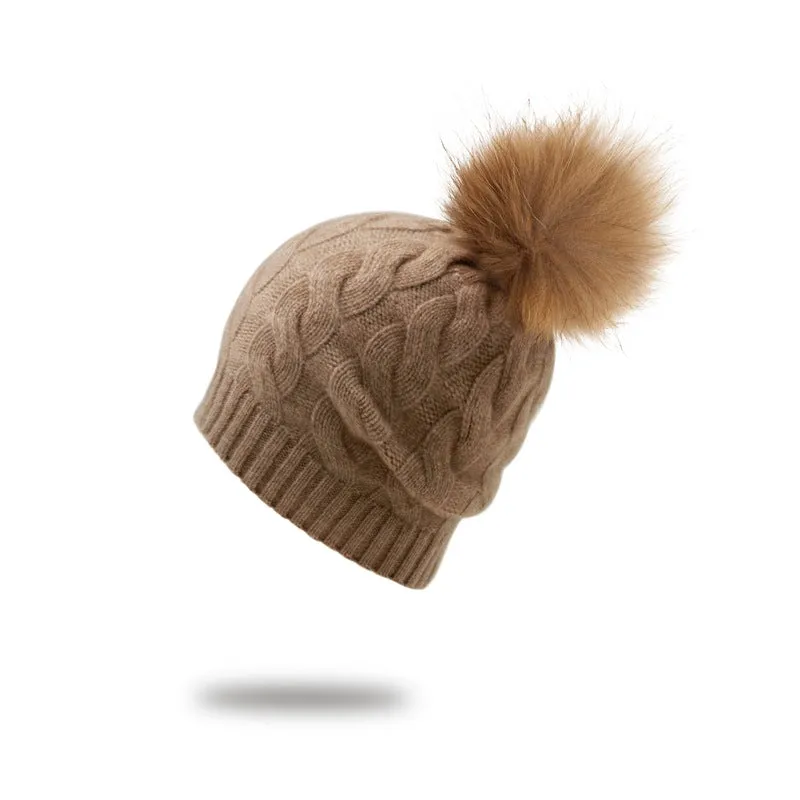 Winter Knitted Beanie Hat with Faux Fur Pom Warm Knit Cap Beanie for Women