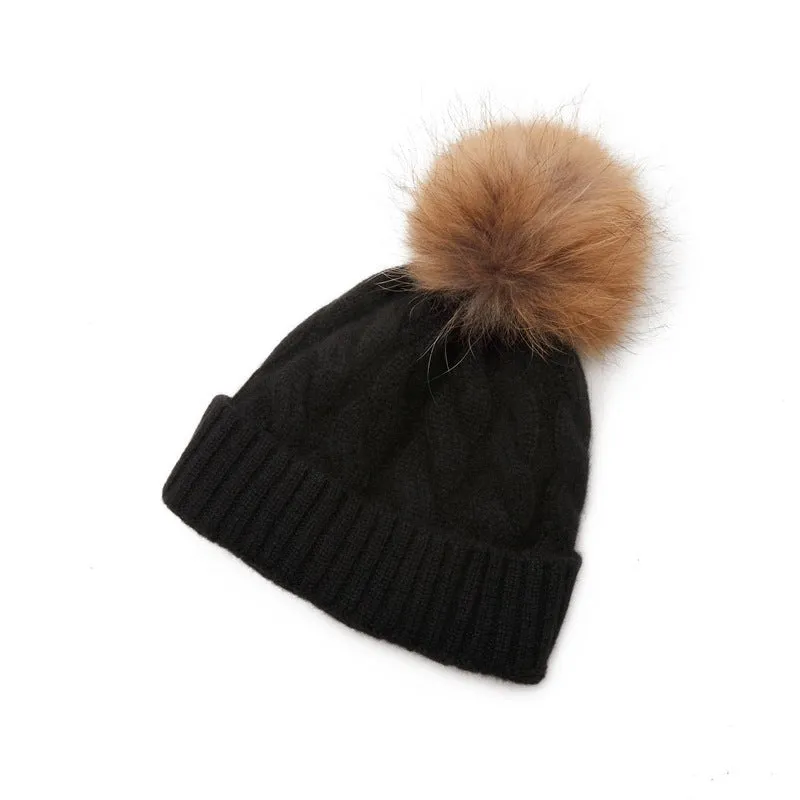 Winter Knitted Beanie Hat with Faux Fur Pom Warm Knit Cap Beanie for Women