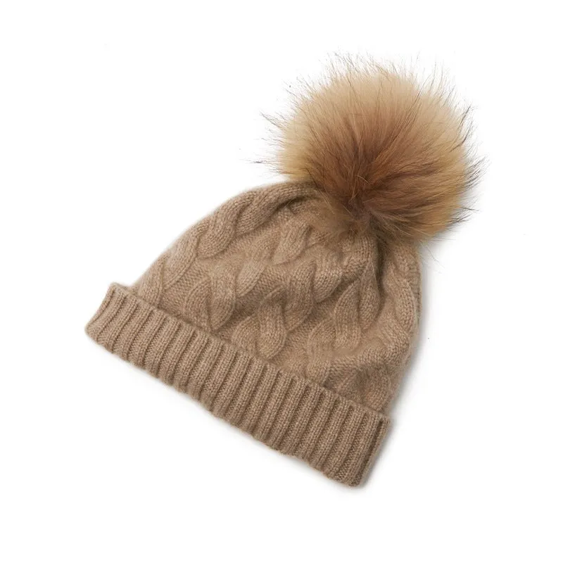 Winter Knitted Beanie Hat with Faux Fur Pom Warm Knit Cap Beanie for Women