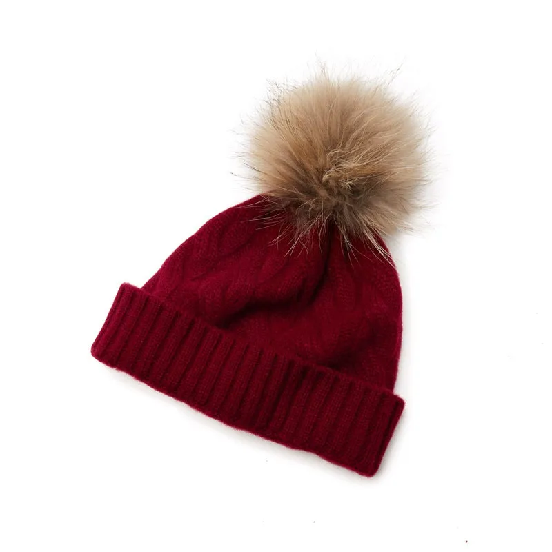 Winter Knitted Beanie Hat with Faux Fur Pom Warm Knit Cap Beanie for Women