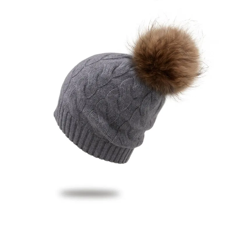 Winter Knitted Beanie Hat with Faux Fur Pom Warm Knit Cap Beanie for Women