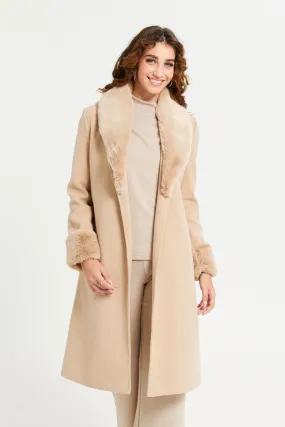 Women Beige Faux Fur Belted Coat